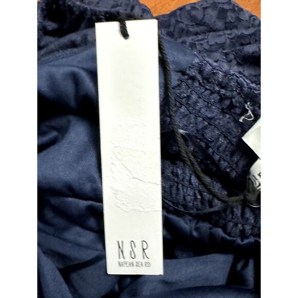 NSR Soft Lace Dress Hi-Low Hemline Puff Sleeves Fully Lined Navy Blue Medium NWT - Picture 7 of 9